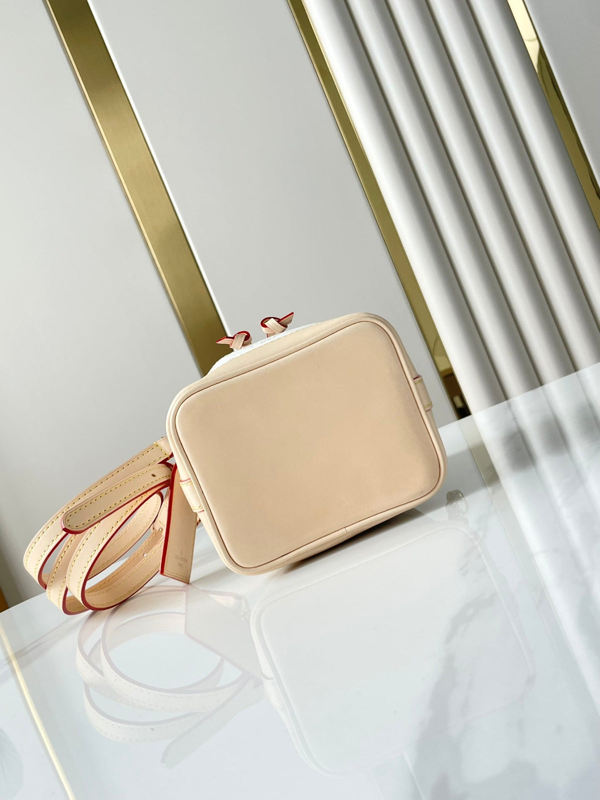 LOUIS VUITTON NANO NOÉ 16 IN WHITE MONOGRAM JACQUARD FABRIC AND BEIGE CALFSKIN TRIM