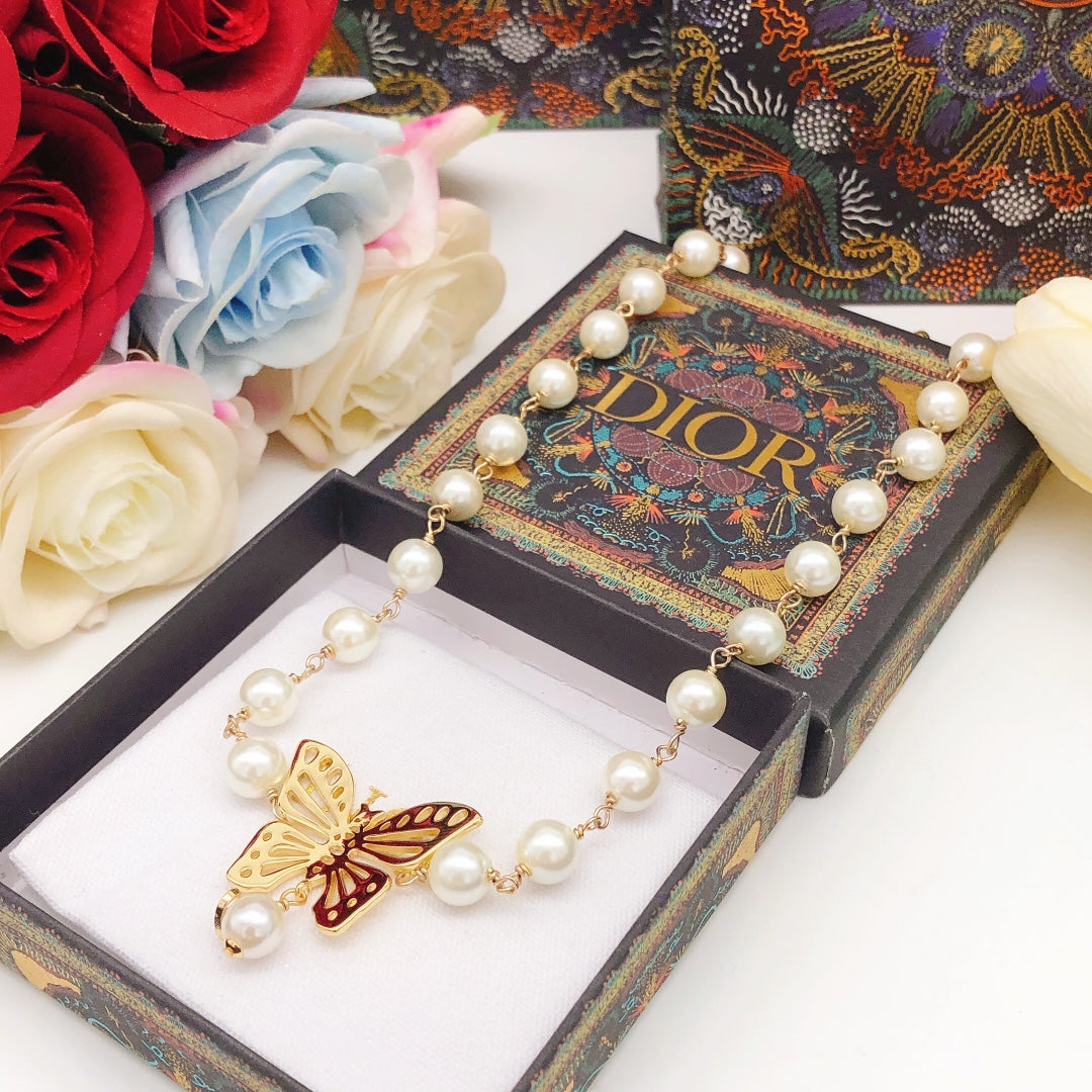 18K Dior Butterfly Pearl Chain Necklace