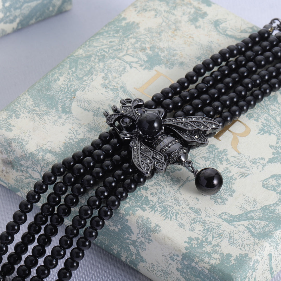 18K Dior Bee Black Pearls Chain Necklace