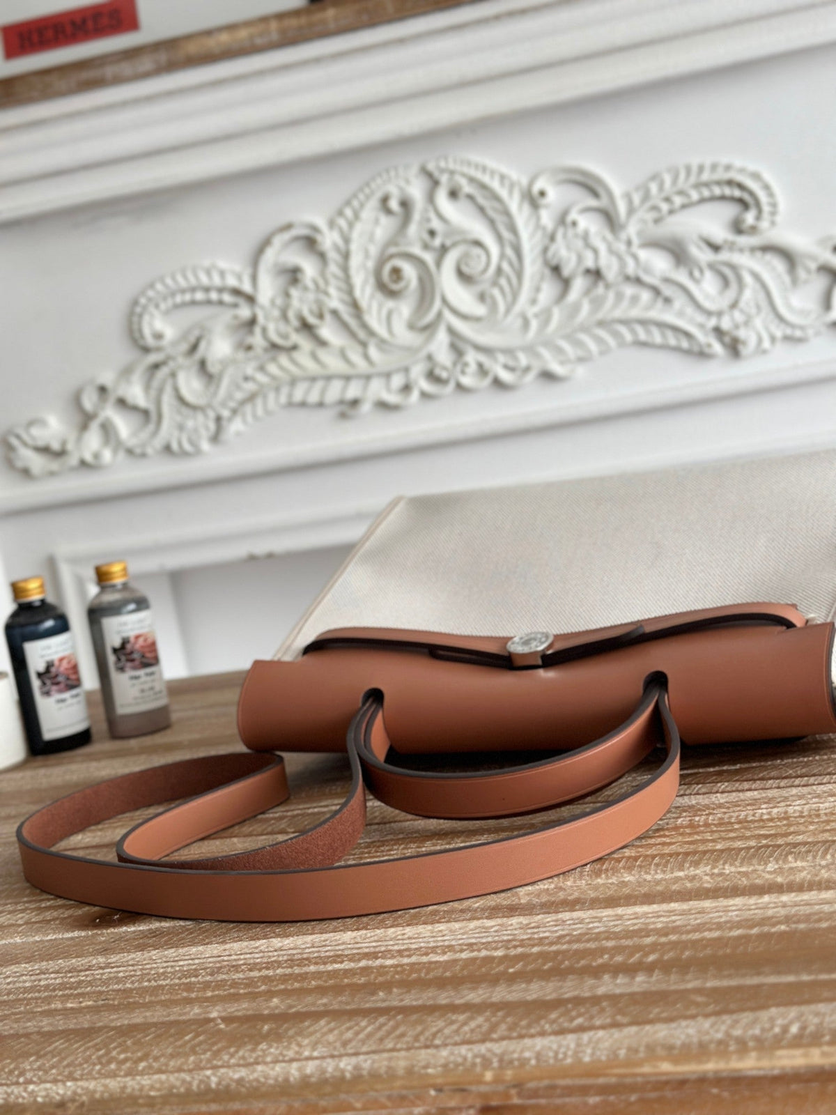 HERMES ZIP CABINE 31 BAG IN PALE GRAY CANVAS AND BRONZE BROWN CALFSKIN
