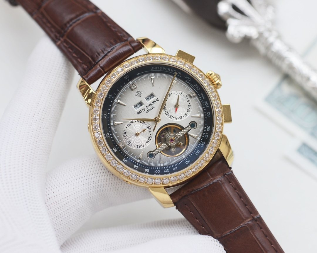 Patek Philippe Gold Silver Blue Dial Strap Watch