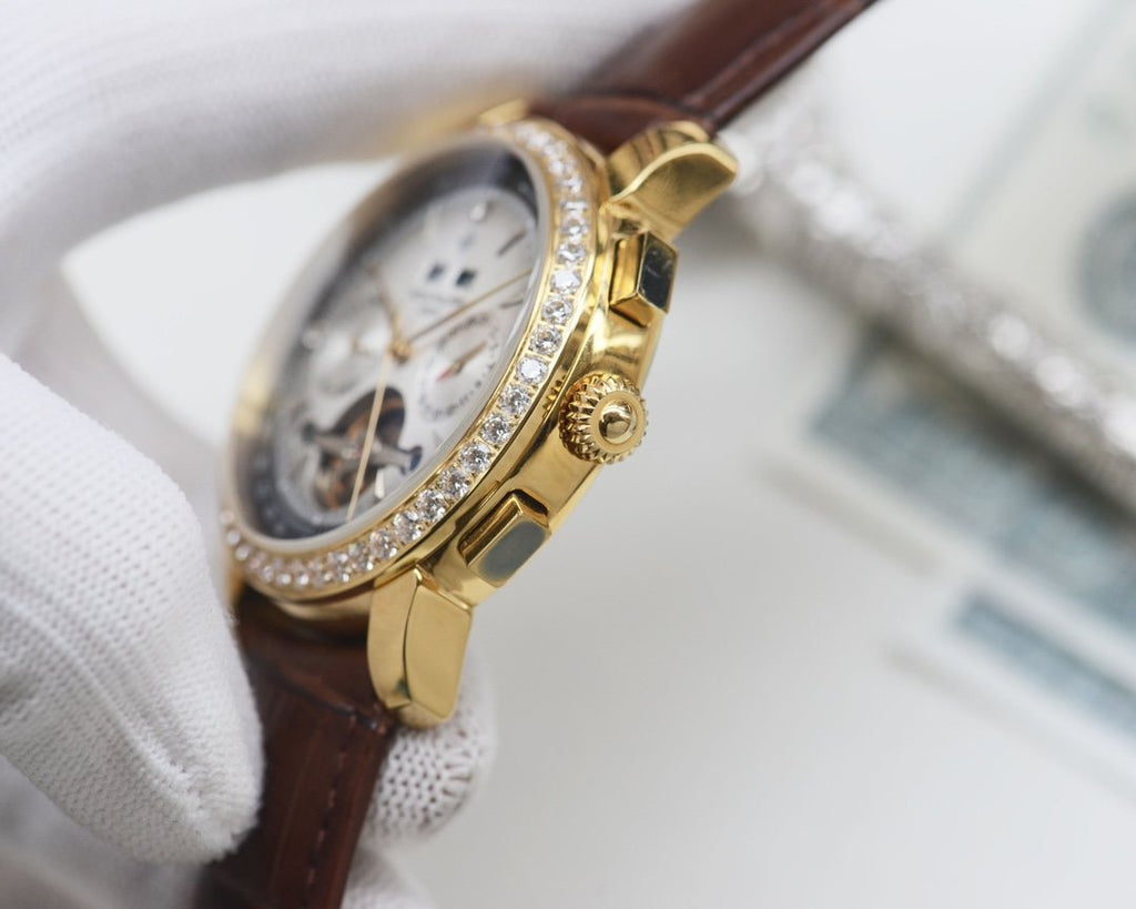 Patek Philippe Gold Silver Blue Dial Strap Watch