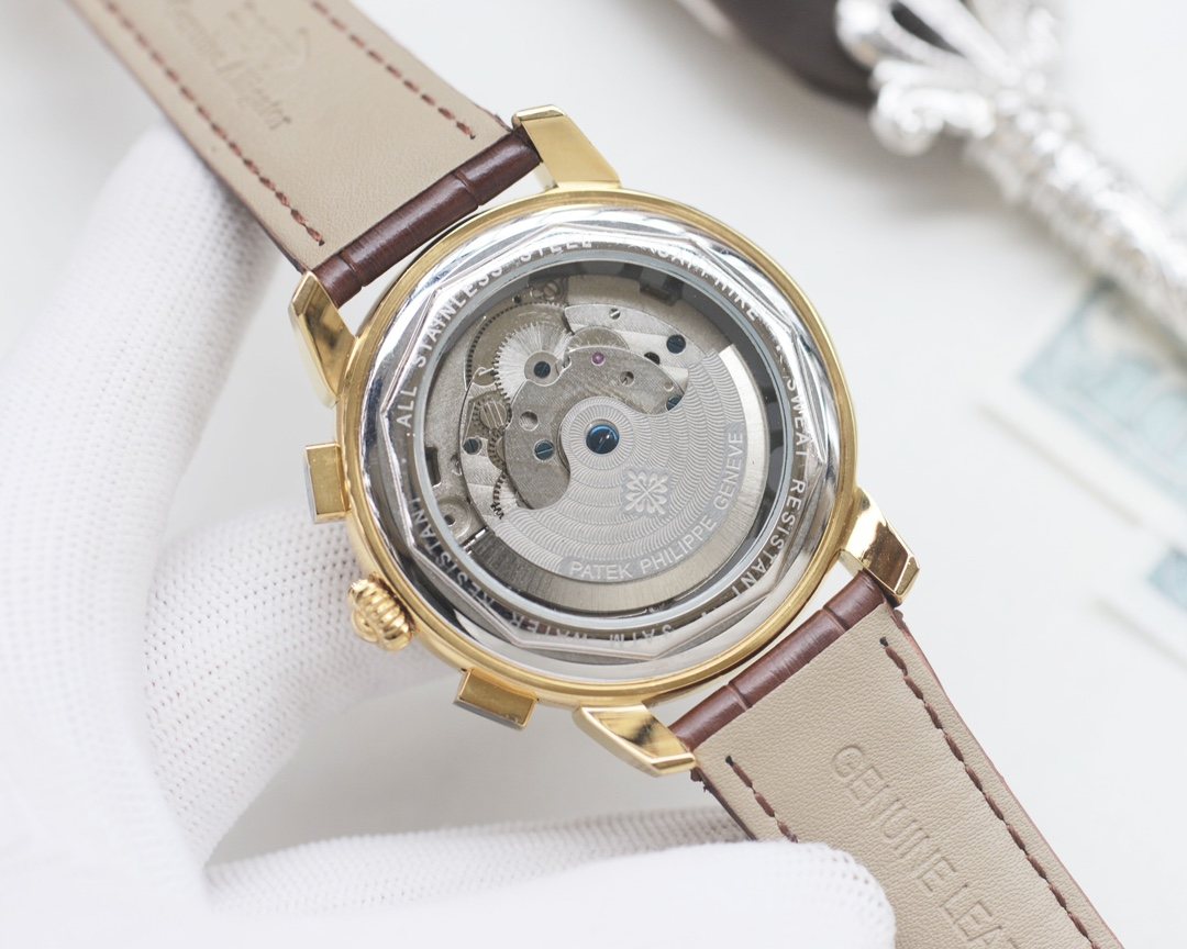 Patek Philippe Gold Silver Blue Dial Strap Watch