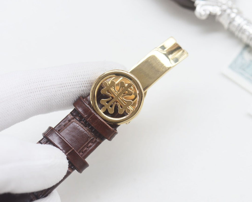 Patek Philippe Gold Silver Blue Dial Strap Watch
