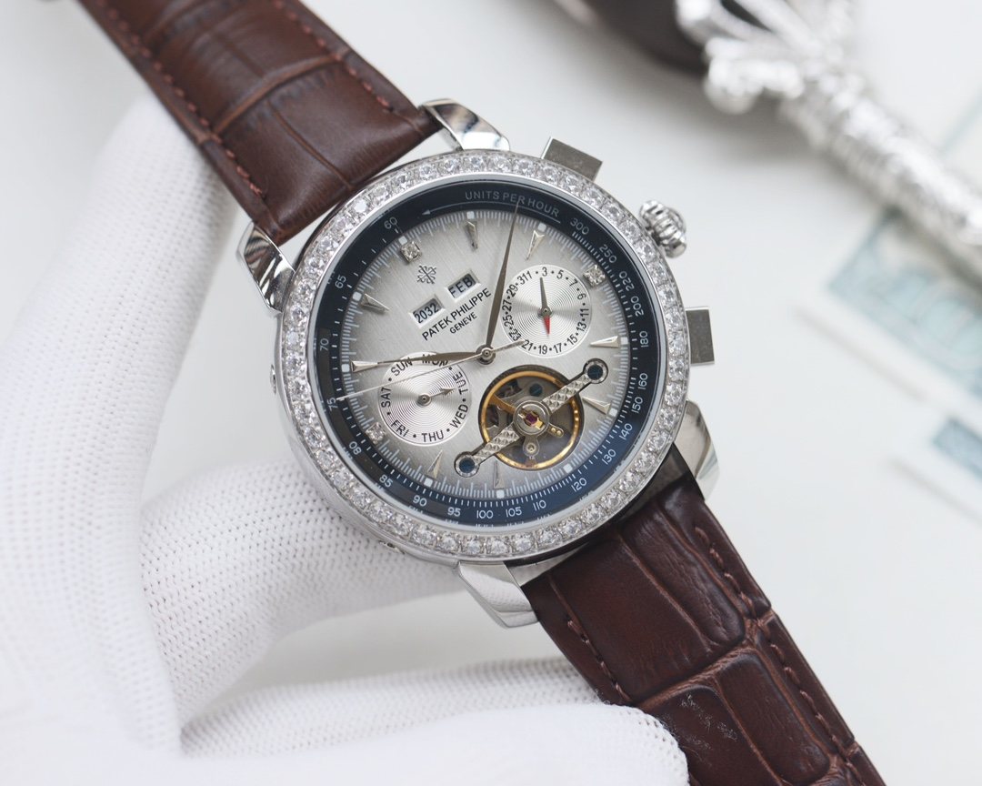 Patek Philippe Gold Silver Blue Dial Strap Watch