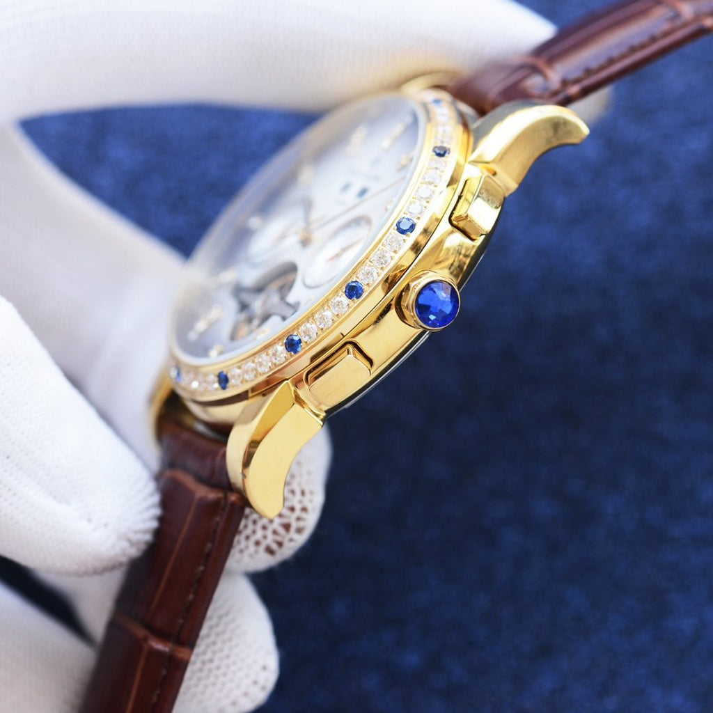 Patek Philippe Gold Brown White Dial Leather Strap Watch